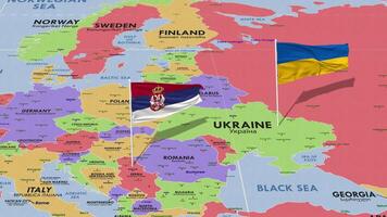 Ucrania y serbia bandera ondulación con el mundo mapa, sin costura lazo en viento, 3d representación video