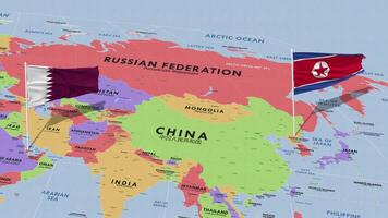 Katar y norte Corea bandera ondulación con el mundo mapa, sin costura lazo en viento, 3d representación video