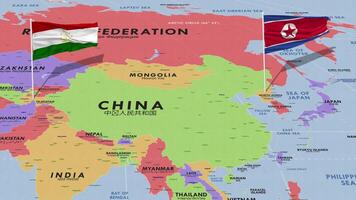 Tayikistán y norte Corea bandera ondulación con el mundo mapa, sin costura lazo en viento, 3d representación video