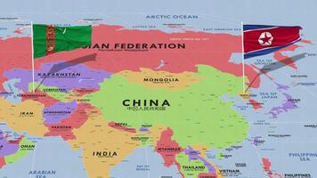 Turkmenistán y norte Corea bandera ondulación con el mundo mapa, sin costura lazo en viento, 3d representación video