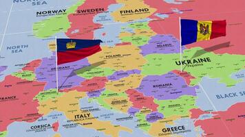 liechtenstein e Moldova bandeira acenando com a mundo mapa, desatado ciclo dentro vento, 3d Renderização video