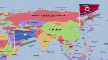 Somalia y norte Corea bandera ondulación con el mundo mapa, sin costura lazo en viento, 3d representación video