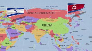 Israël en noorden Korea vlag golvend met de wereld kaart, naadloos lus in wind, 3d renderen video