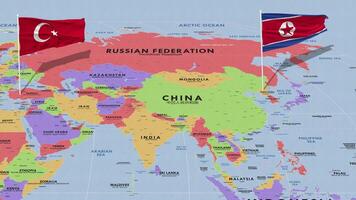 Turquía y norte Corea bandera ondulación con el mundo mapa, sin costura lazo en viento, 3d representación video