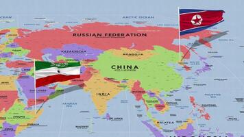 Somalilandia y norte Corea bandera ondulación con el mundo mapa, sin costura lazo en viento, 3d representación video