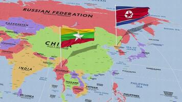 Mianmar, Birmânia e norte Coréia bandeira acenando com a mundo mapa, desatado ciclo dentro vento, 3d Renderização video