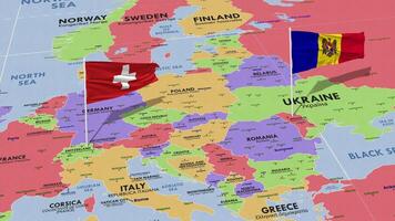 Suiza y Moldavia bandera ondulación con el mundo mapa, sin costura lazo en viento, 3d representación video