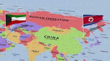 Koeweit en noorden Korea vlag golvend met de wereld kaart, naadloos lus in wind, 3d renderen video