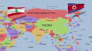 Líbano y norte Corea bandera ondulación con el mundo mapa, sin costura lazo en viento, 3d representación video