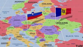 Eslovenia y Moldavia bandera ondulación con el mundo mapa, sin costura lazo en viento, 3d representación video