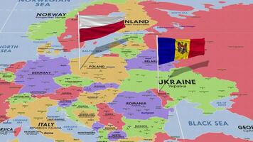 Pologne et Moldavie drapeau agitant avec le monde carte, sans couture boucle dans vent, 3d le rendu video