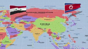 Siria y norte Corea bandera ondulación con el mundo mapa, sin costura lazo en viento, 3d representación video