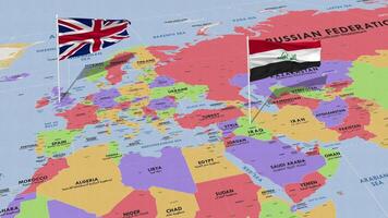 Iraq and United Kingdom Flag Waving with The World Map, Seamless Loop in Wind, 3D Rendering video