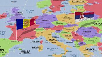 andorra y serbia bandera ondulación con el mundo mapa, sin costura lazo en viento, 3d representación video