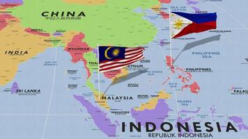 Malaysia e Filippine bandiera agitando con il mondo carta geografica, senza soluzione di continuità ciclo continuo nel vento, 3d interpretazione video