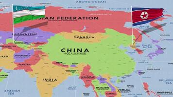 Uzbekistan e nord Corea bandiera agitando con il mondo carta geografica, senza soluzione di continuità ciclo continuo nel vento, 3d interpretazione video