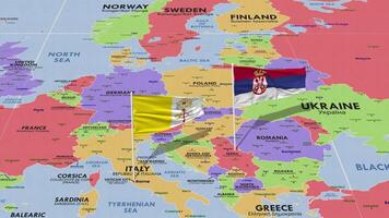 Vaticano ciudad y serbia bandera ondulación con el mundo mapa, sin costura lazo en viento, 3d representación video