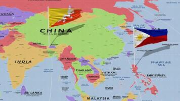 Bután y Filipinas bandera ondulación con el mundo mapa, sin costura lazo en viento, 3d representación video
