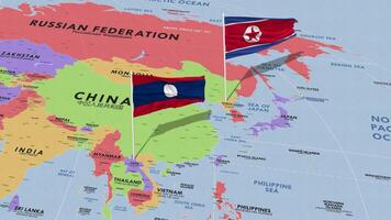 Laos e nord Corea bandiera agitando con il mondo carta geografica, senza soluzione di continuità ciclo continuo nel vento, 3d interpretazione video