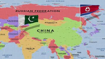 Pakistán y norte Corea bandera ondulación con el mundo mapa, sin costura lazo en viento, 3d representación video