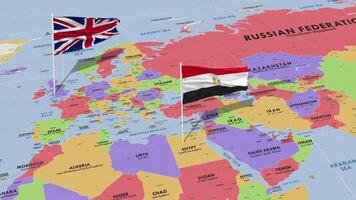 Egypt and United Kingdom Flag Waving with The World Map, Seamless Loop in Wind, 3D Rendering video