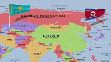 Kazakistan e nord Corea bandiera agitando con il mondo carta geografica, senza soluzione di continuità ciclo continuo nel vento, 3d interpretazione video