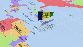 Saint Vincent et le grenadines drapeau agitant dans vent, monde carte tournant autour drapeau, sans couture boucle, 3d le rendu video