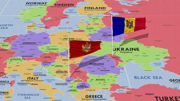 montenegro e moldova bandiera agitando con il mondo carta geografica, senza soluzione di continuità ciclo continuo nel vento, 3d interpretazione video