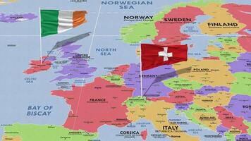 Suiza y Irlanda bandera ondulación con el mundo mapa, sin costura lazo en viento, 3d representación video