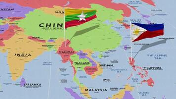 myanmar, birmania y Filipinas bandera ondulación con el mundo mapa, sin costura lazo en viento, 3d representación video