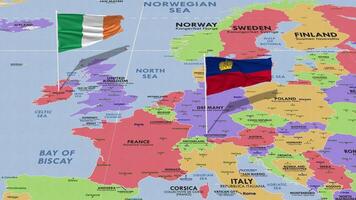 Liechtenstein e Irlanda bandiera agitando con il mondo carta geografica, senza soluzione di continuità ciclo continuo nel vento, 3d interpretazione video