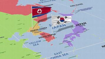 nord Corea e Sud Corea bandiera agitando con il mondo carta geografica, senza soluzione di continuità ciclo continuo nel vento, 3d interpretazione video
