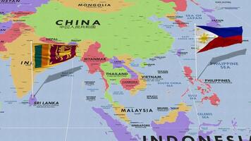 sri lanka y Filipinas bandera ondulación con el mundo mapa, sin costura lazo en viento, 3d representación video