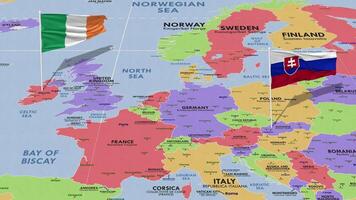 Slovakia and Ireland Flag Waving with The World Map, Seamless Loop in Wind, 3D Rendering video