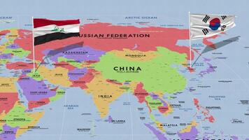 Iraq and South Korea Flag Waving with The World Map, Seamless Loop in Wind, 3D Rendering video