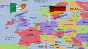 Alemania y Irlanda bandera ondulación con el mundo mapa, sin costura lazo en viento, 3d representación video