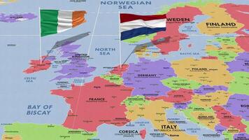 Nederland en Ierland vlag golvend met de wereld kaart, naadloos lus in wind, 3d renderen video