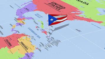 puerto rico bandera ondulación en viento, mundo mapa giratorio alrededor bandera, sin costura bucle, 3d representación video