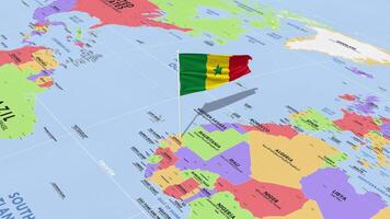 Senegal vlag golvend in wind, wereld kaart roterend in de omgeving van vlag, naadloos lus, 3d renderen video