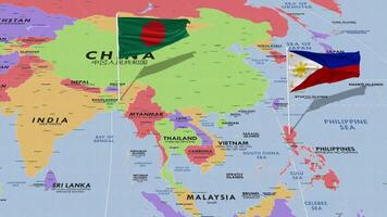 Bangladesh and Philippines Flag Waving with The World Map, Seamless Loop in Wind, 3D Rendering video