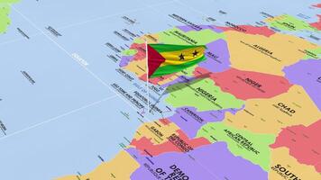 Sao Tome and Principe Flag Waving in Wind, World Map Rotating around Flag, Seamless Loop, 3D Rendering video