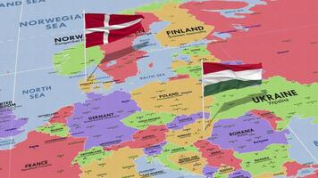 Hungary and Denmark Flag Waving with The World Map, Seamless Loop in Wind, 3D Rendering video