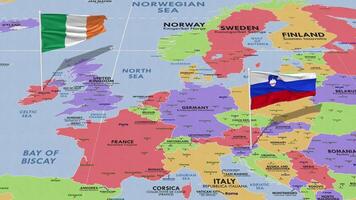 Eslovenia y Irlanda bandera ondulación con el mundo mapa, sin costura lazo en viento, 3d representación video