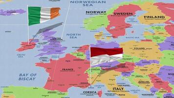 Mónaco y Irlanda bandera ondulación con el mundo mapa, sin costura lazo en viento, 3d representación video