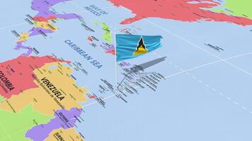 Saint Lucia Flag Waving in Wind, World Map Rotating around Flag, Seamless Loop, 3D Rendering video