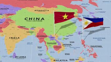 Vietnam and Philippines Flag Waving with The World Map, Seamless Loop in Wind, 3D Rendering video