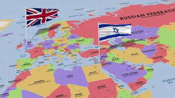 Israel och förenad rike flagga vinka med de värld Karta, sömlös slinga i vind, 3d tolkning video