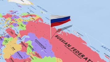 Russia Flag Waving in Wind, World Map Rotating around Flag, Seamless Loop, 3D Rendering video