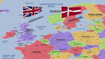 United Kingdom and Denmark Flag Waving with The World Map, Seamless Loop in Wind, 3D Rendering video