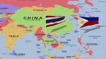 Tailandia y Filipinas bandera ondulación con el mundo mapa, sin costura lazo en viento, 3d representación video